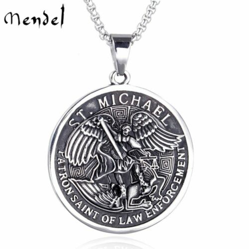 Mendel St Saint Michael Archangel Angel Medal Pendant Necklace Stainless Steel