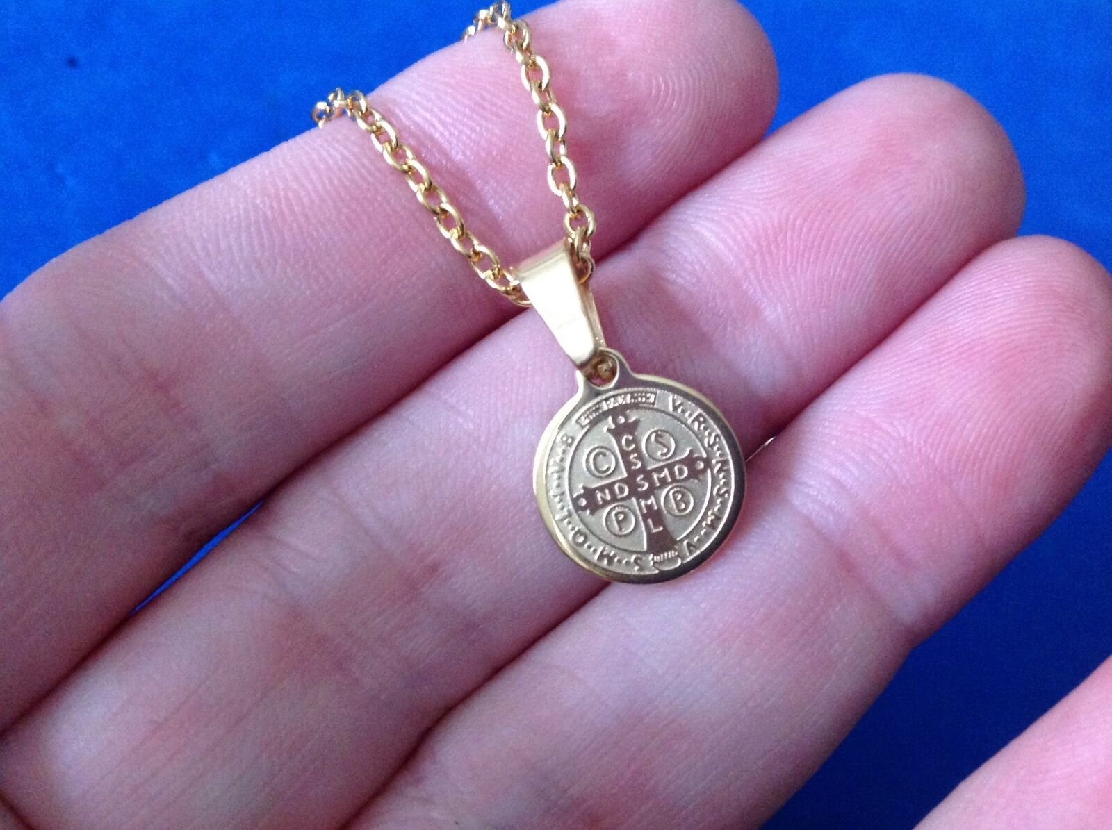 St Benedict Necklace Pendant Protection Saint Medal Gold Plated Stainless Steel